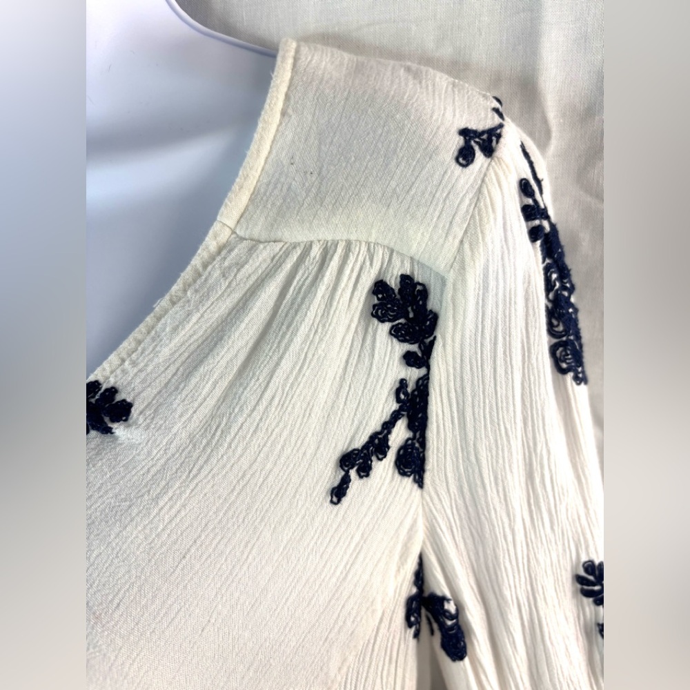 Free People S Boho White Lined Tunic Top with Navy Floral Embroidery - Picture 5 of 12